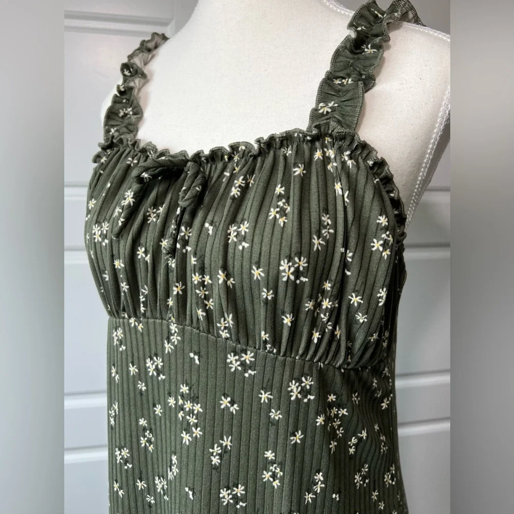 Lily Bleu Floral Print Dress Ruffle Strap Sleeveless Casual Sundress Olive Green